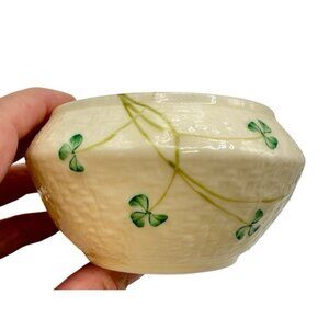 Vtg Belleek Ireland Small Open Sugar/Trinket Bowl Green Shamrock Basketweave 2in